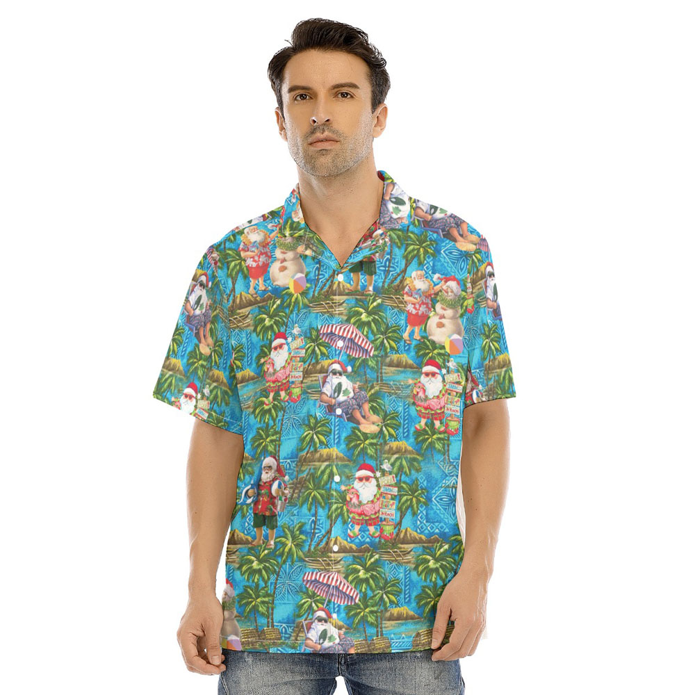 Tropical Beach Theme Santa Claus Blue Hawaiian Shirt - variant image 1