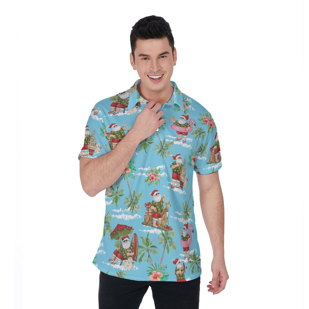 Blue Tropical Beach Christmas Santa Claus Hawaiian Polo Shirt - variant image 1