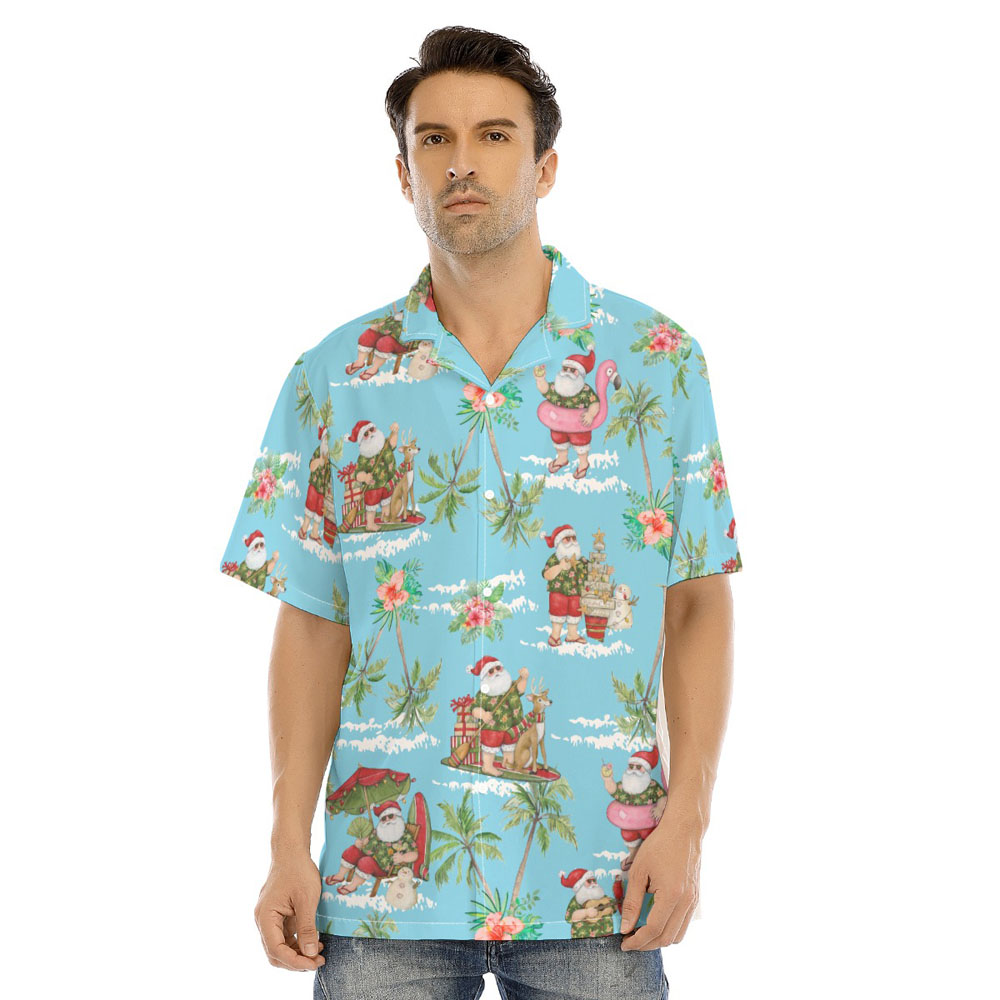 Summer Santa Claus Tropical Palm Tree Blue Hawaiian Shirt - variant image 1