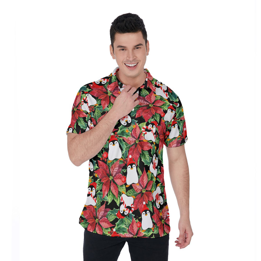 Christmas Penguin Floral Hawaiian Polo Golf Shirt For Men - variant image 1