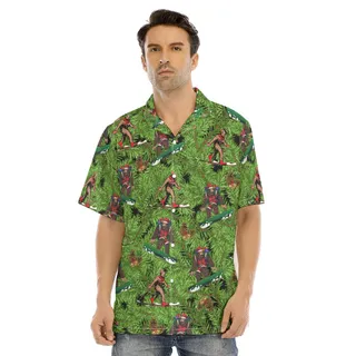 Tropical Bigfoot Skiing Christmas Green Hawaiian Shirt