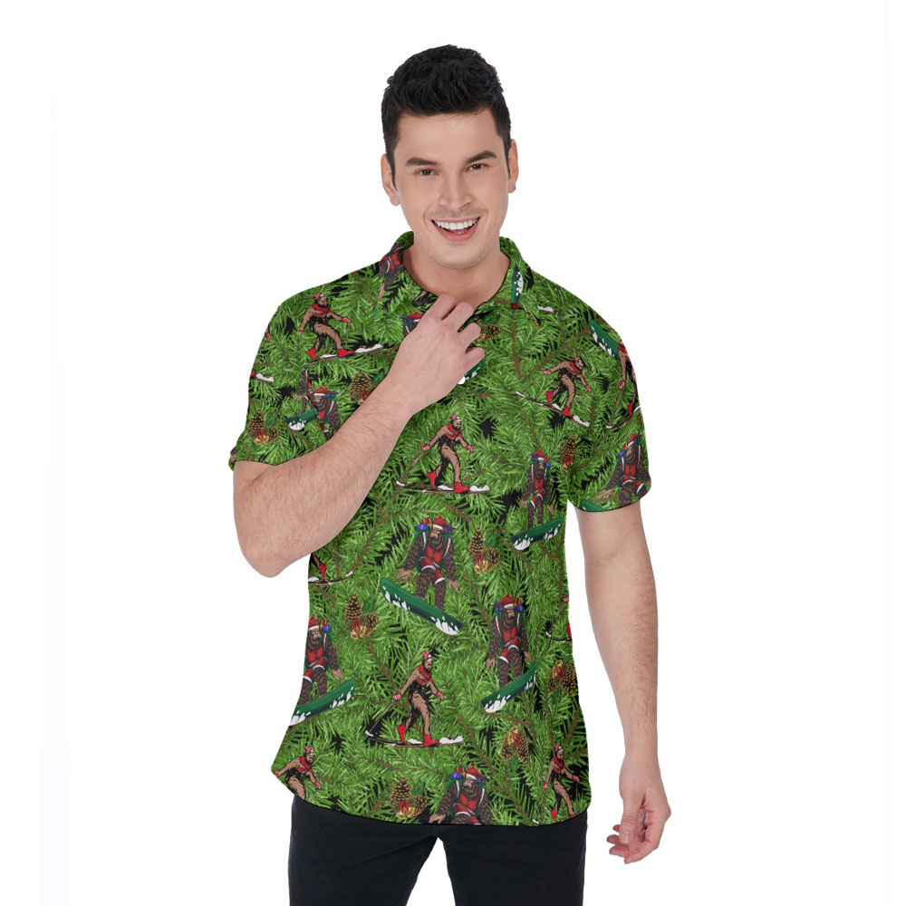 Funny Bigfoot Skiing Christmas Tropical Hawaiian Polo Shirt For Men - variant image 1