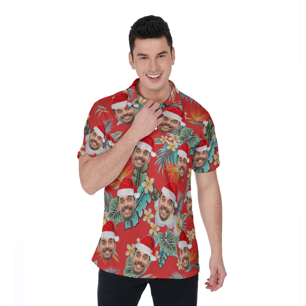 Funny Custom Face Christmas Hat Tropical Red Hawaiian Polo Shirt - variant image 1