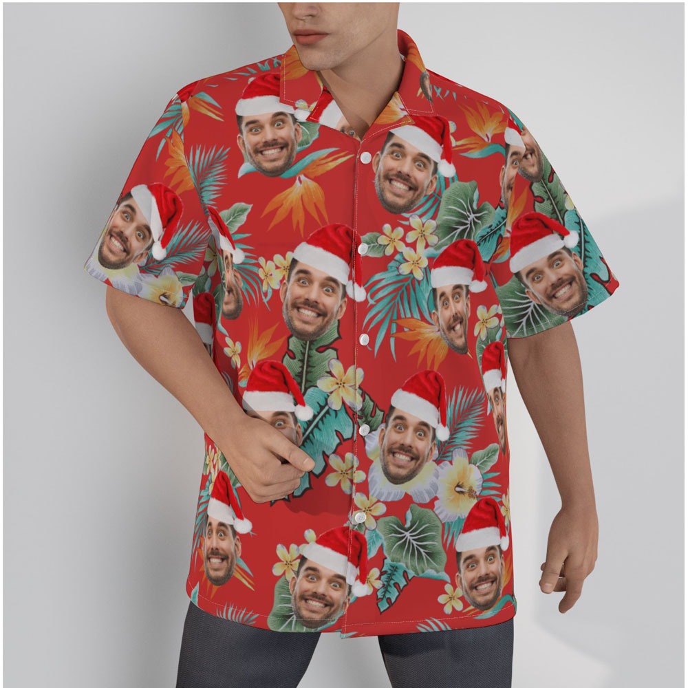 Funny Custom Face Christmas Floral Red Hawaiian Shirt - variant image 1