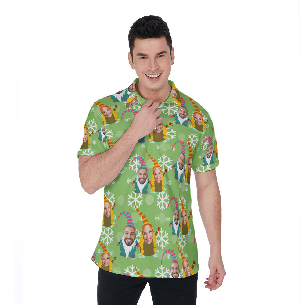 Custom Couple Face Christmas Gnomes Hawaiian Polo Shirt - variant image 1