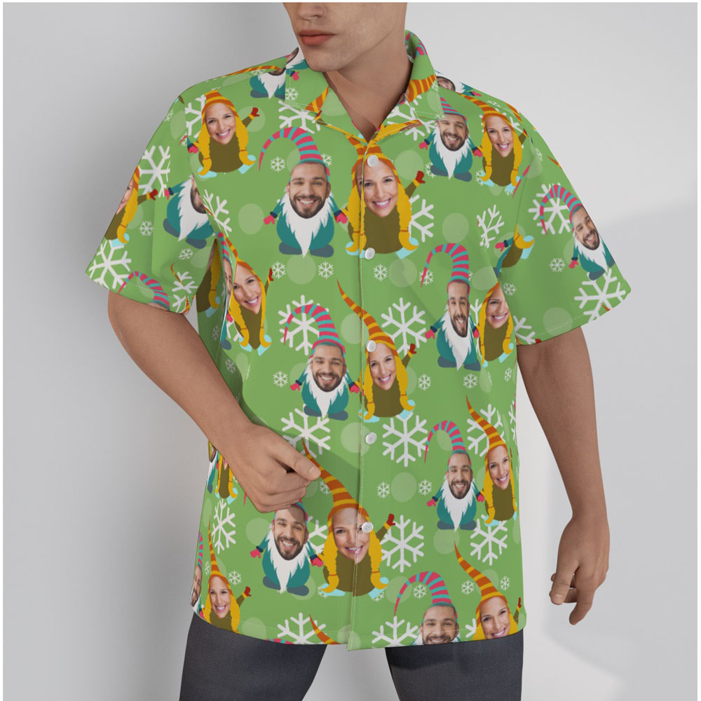 Custom Couple Face Gnomes Christmas Green Hawaiian Shirt - variant image 1