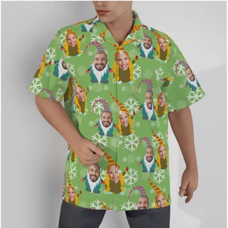 Custom Couple Face Gnomes Christmas Green Hawaiian Shirt