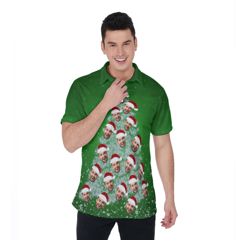 Custom Face On Christmas Tree Green Hawaiian Polo Shirt - variant image 1