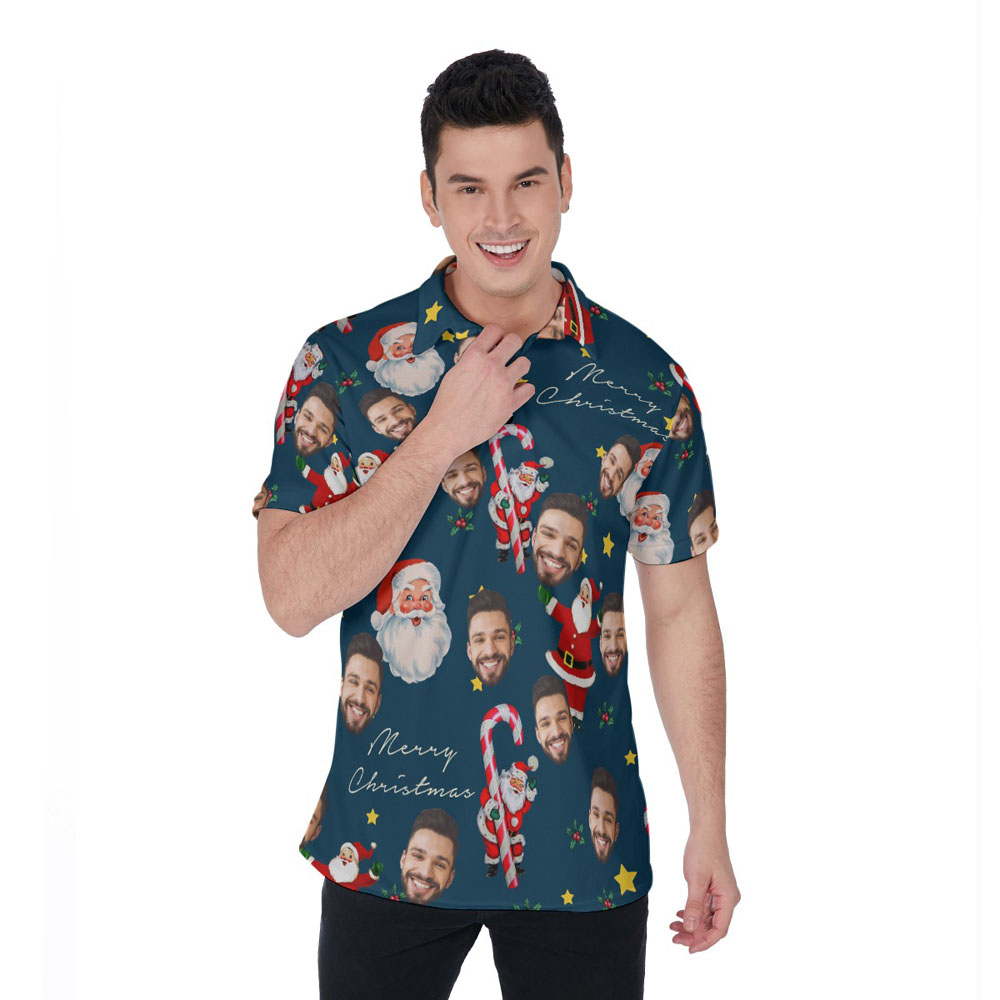 Vintage Santa Claus With Candy Cane Custom Face Christmas Hawaiian Polo Shirt - variant image 1