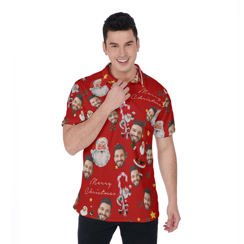 Vintage Santa Claus Candy Cane Christmas Hawaiian Polo Shirt With Custom Face - variant image 1