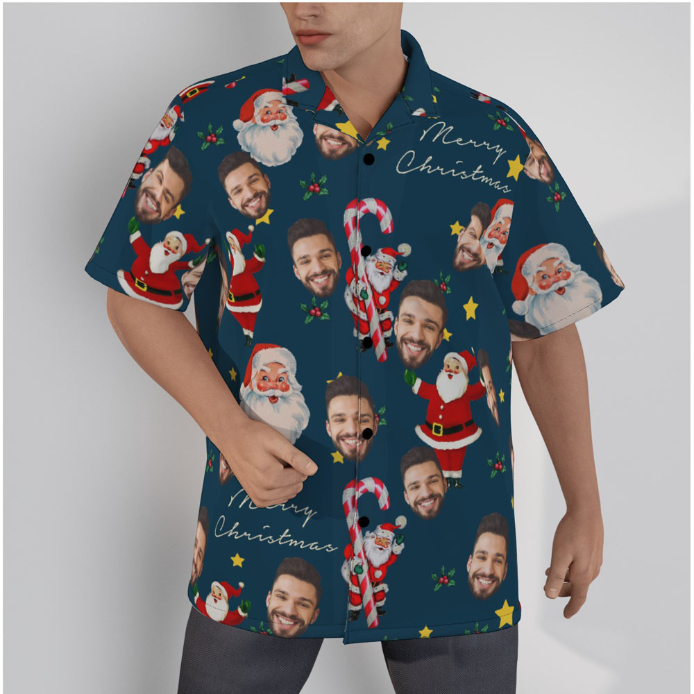 Custom Face Vintage Santa Claus With Candy Cane Christmas Navy Hawaiian Shirt - variant image 1