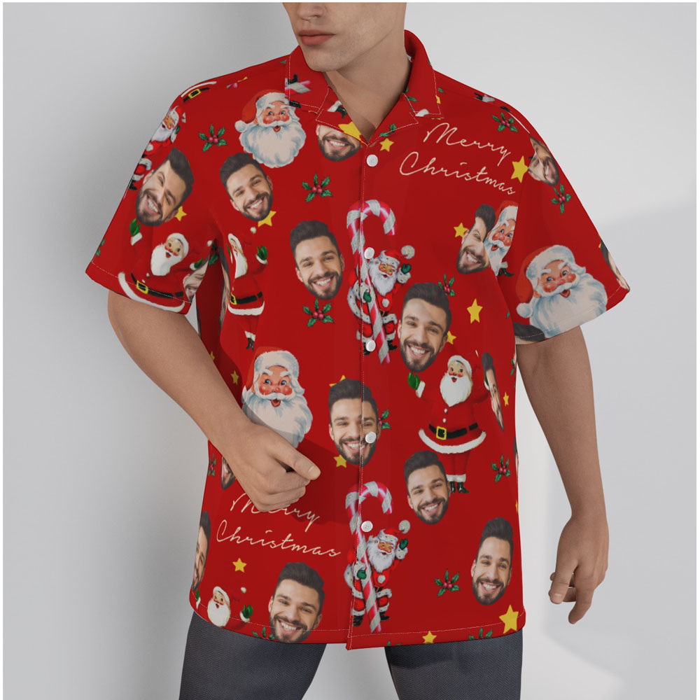 Christmas Santa Candy Cane Vintage Hawaiian Shirt With Custom Face - variant image 1