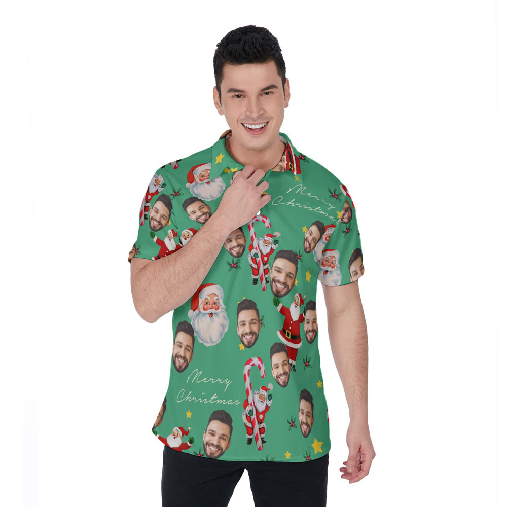 Funny Custom Face Christmas Santa Candy Cane Green Hawaiian Polo Shirt - variant image 1