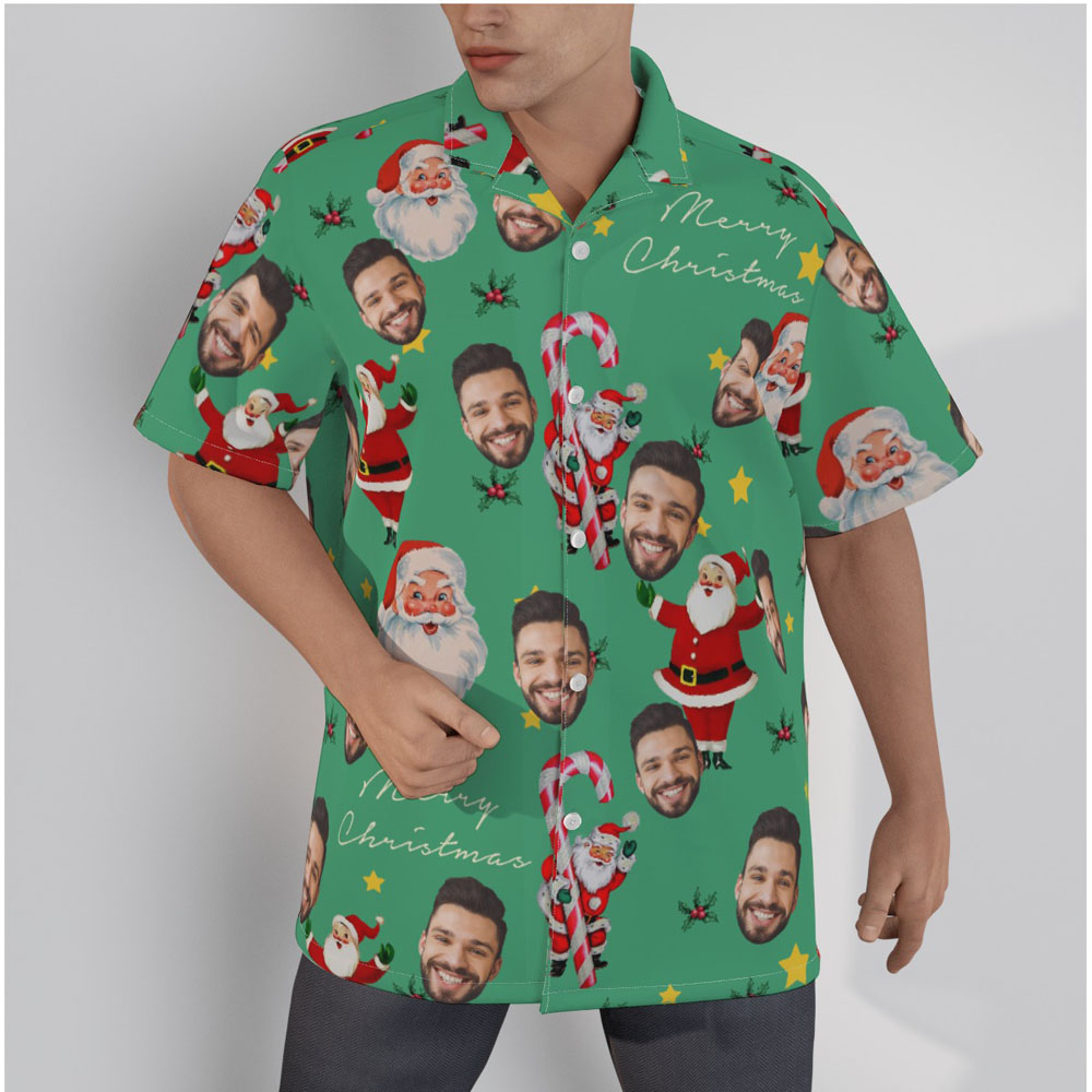 Vintage Santa Claus With Candy Cane Green Christmas Hawaiian Shirt With Custom Face - variant image 1