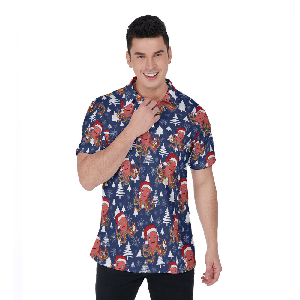 Funny Christmas Octopus Navy Hawaiian Polo Golf Shirt - variant image 1