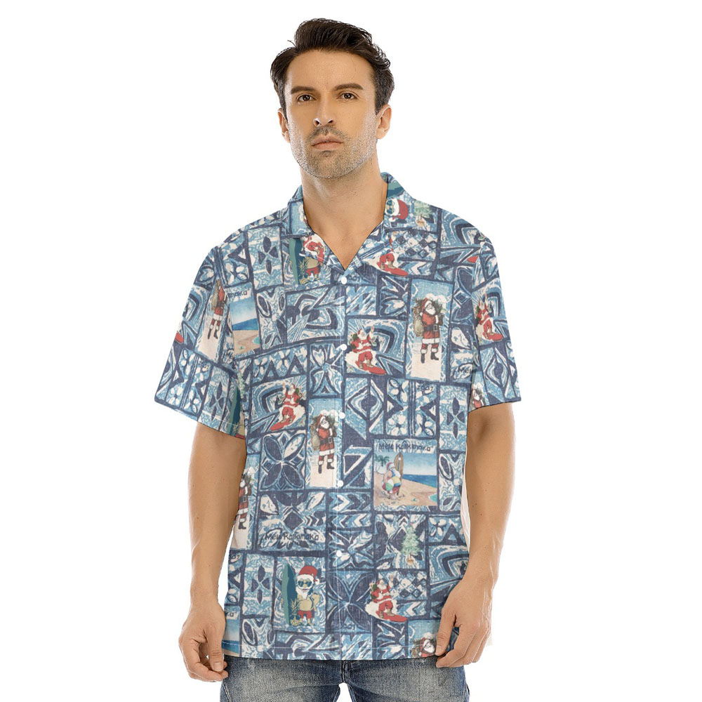Mele Kalikimaka Vintage Santa Claus Blue Hawaiian Shirt - variant image 1