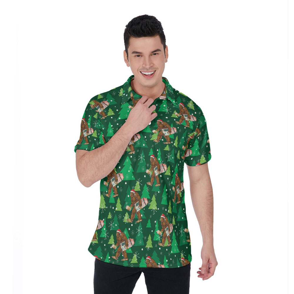 Funny Bigfoot Eggnog Christmas Tree Green Hawaiian Polo Golf Shirt - variant image 1