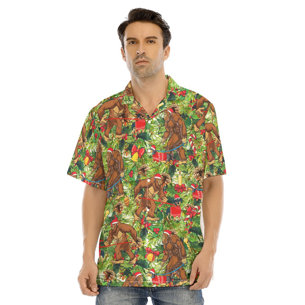 Funny Bigfoot Walking Dachshund Christmas Green Hawaiian Shirt - variant image 1