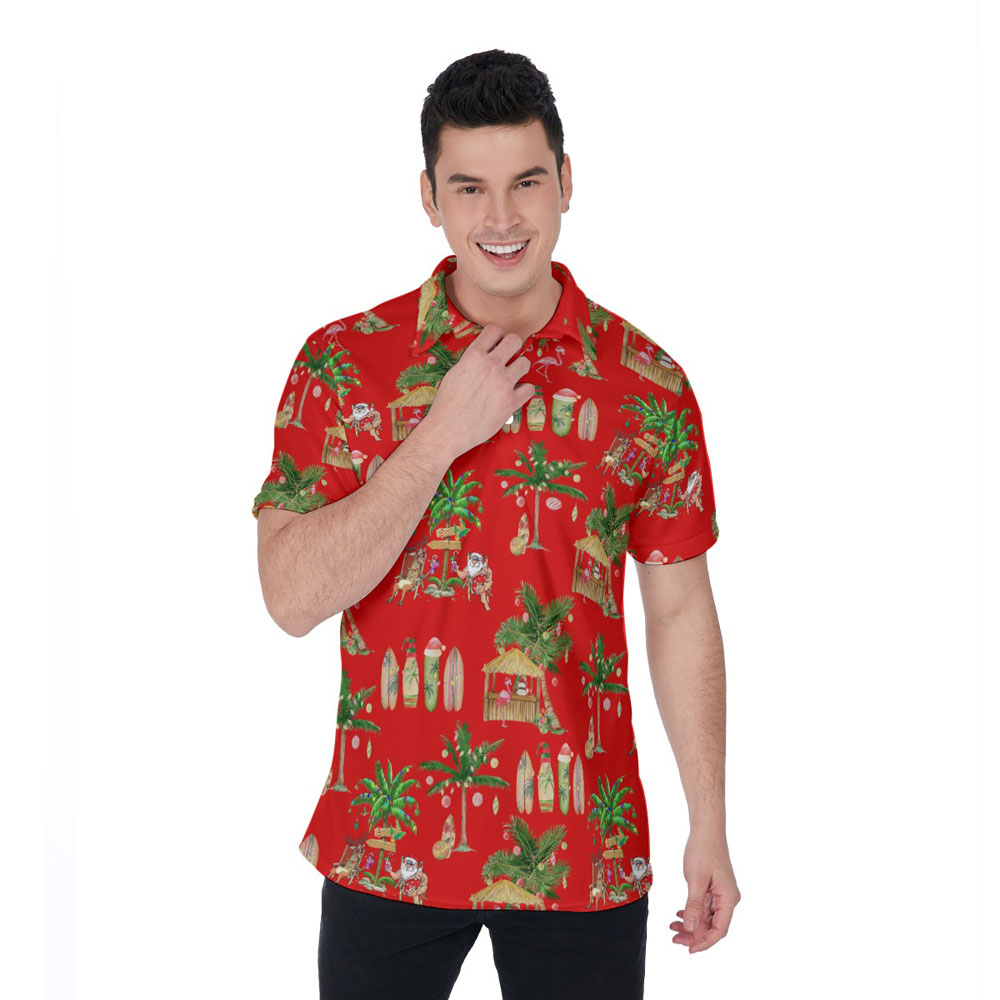 Mele Kalikimaka Santa Claus Tropical Red Hawaiian Polo Shirt - variant image 1