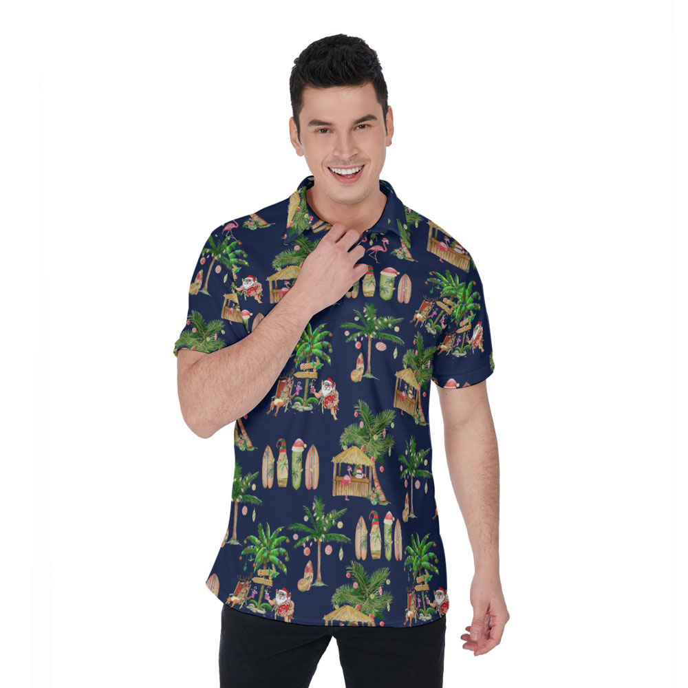 Mele Kalikimaka Santa Claus Tropical Christmas Navy Hawaiian Polo Shirt - variant image 1