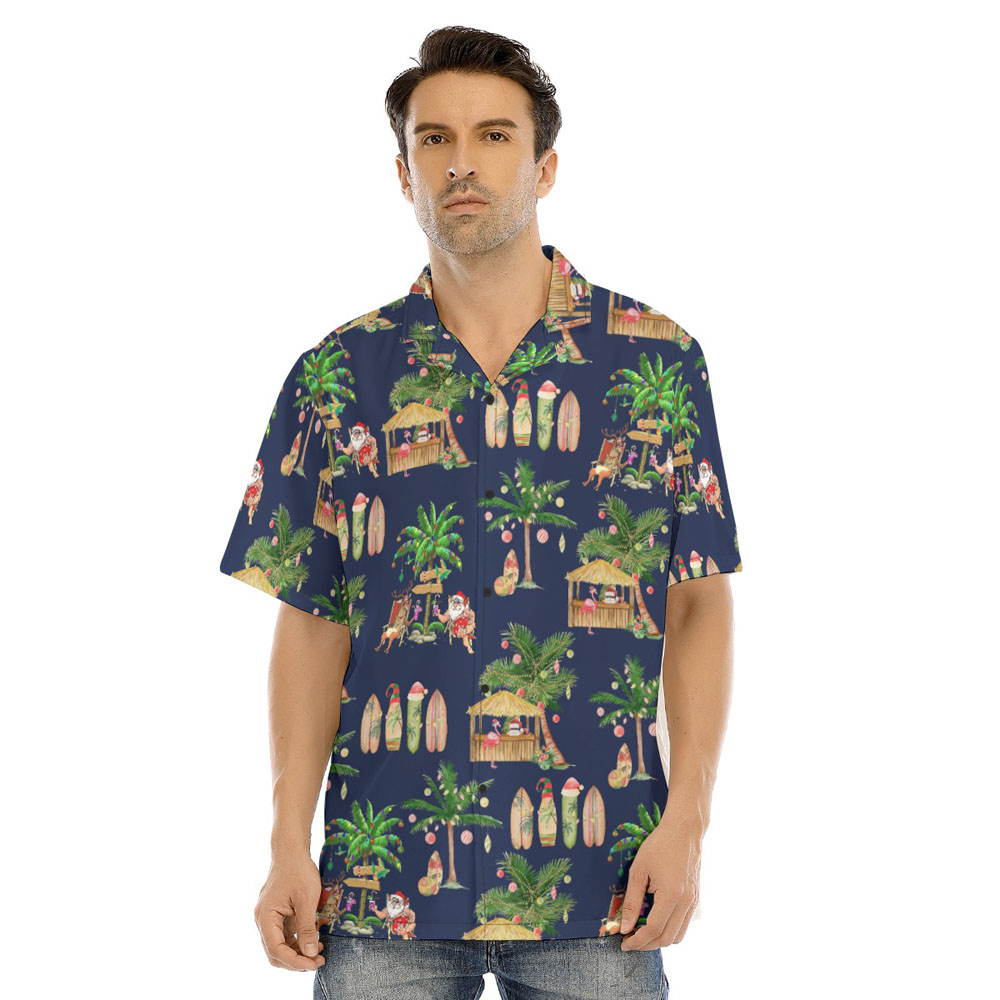 Navy Christmas Santa Claus Classic Palm Trees Hawaiian Shirt - variant image 1