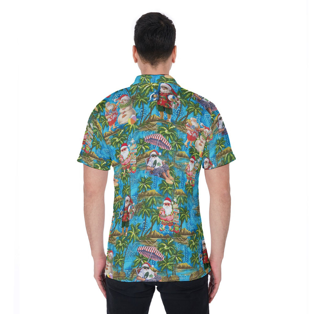 Christmas Santa On Beach Tropical Palm Tree Hawaiian Polo Shirt