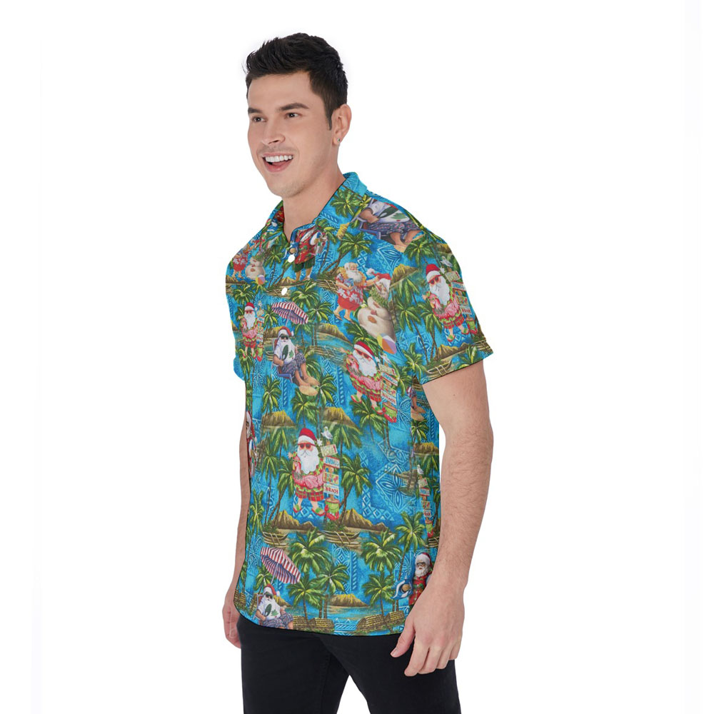 Christmas Santa On Beach Tropical Palm Tree Hawaiian Polo Shirt