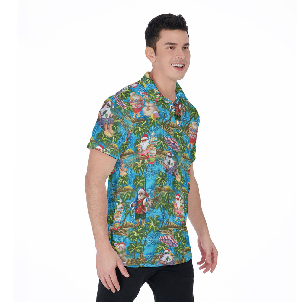 Christmas Santa On Beach Tropical Palm Tree Hawaiian Polo Shirt