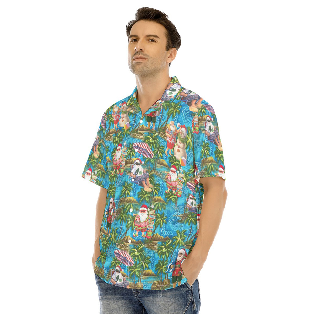 Tropical Beach Theme Santa Claus Blue Hawaiian Shirt