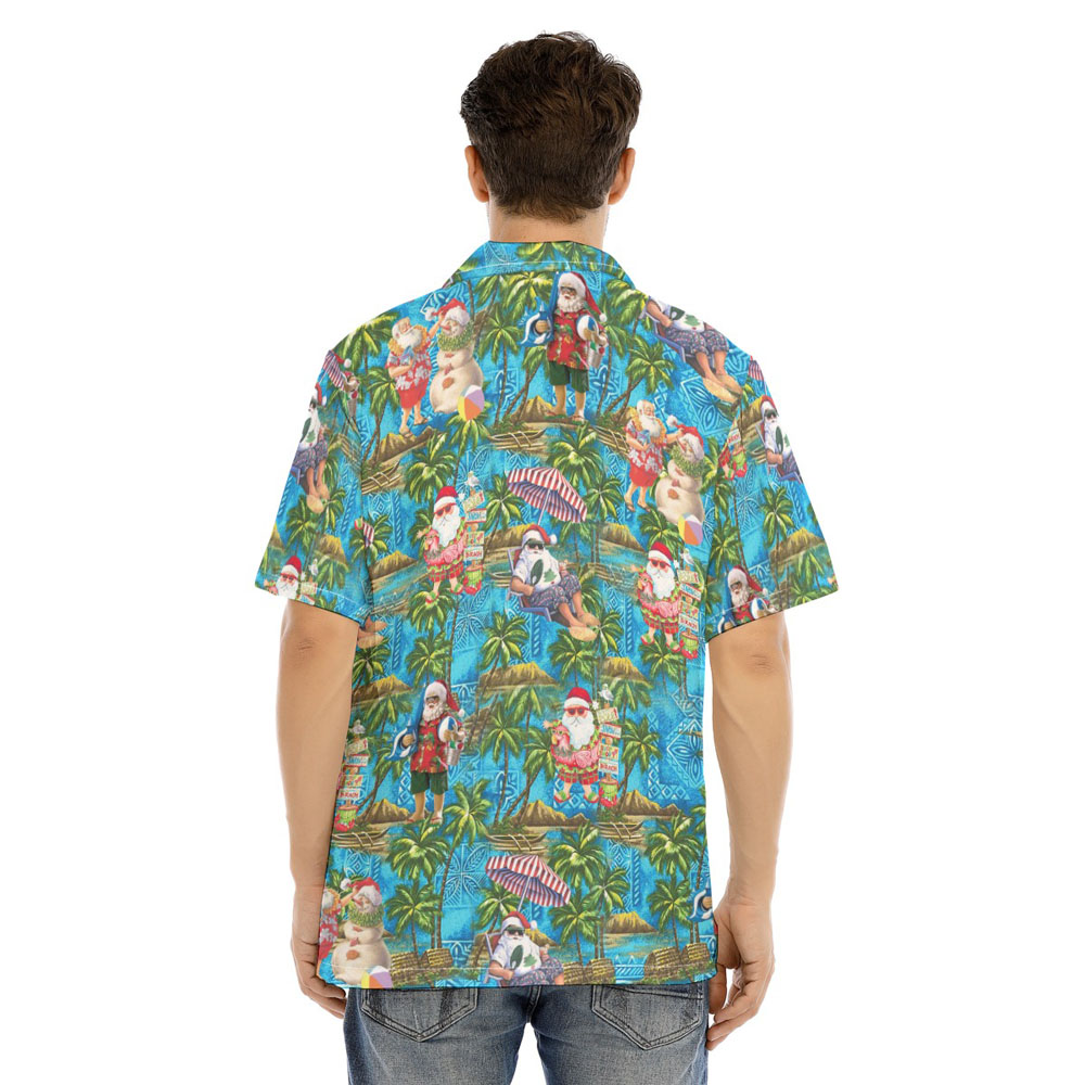Tropical Beach Theme Santa Claus Blue Hawaiian Shirt