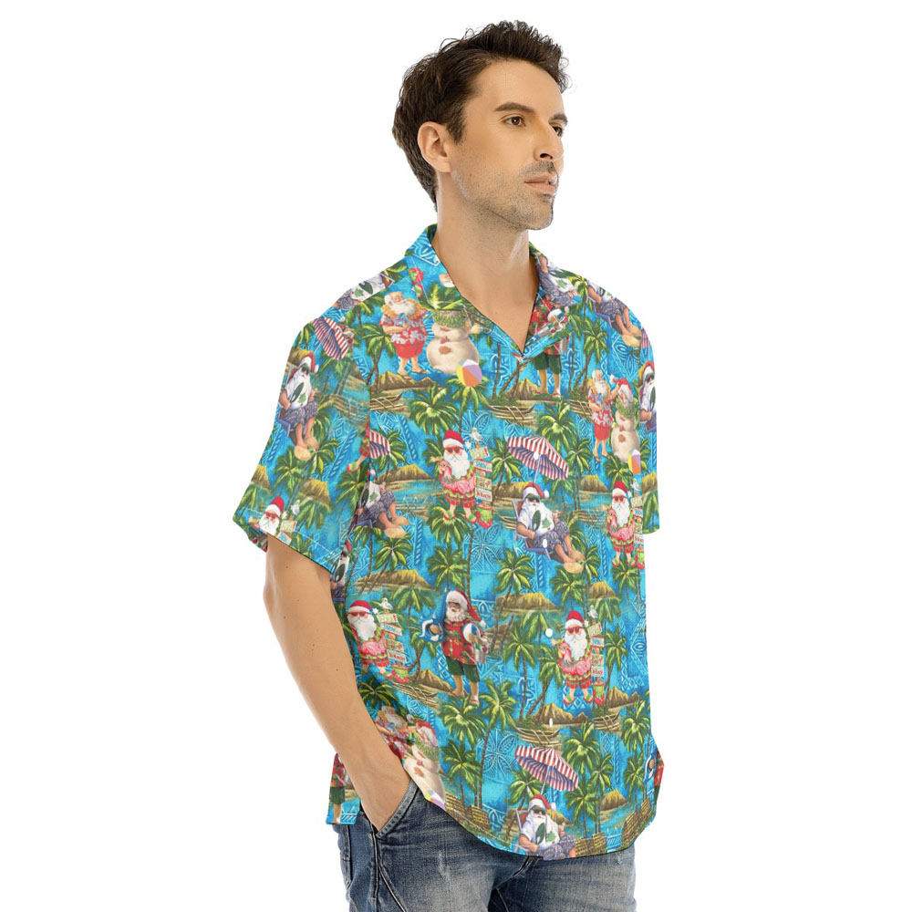 Tropical Beach Theme Santa Claus Blue Hawaiian Shirt