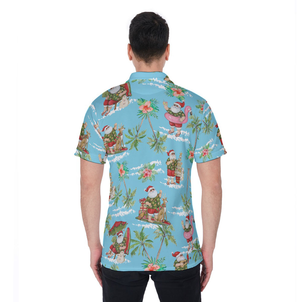 Blue Tropical Beach Christmas Santa Claus Hawaiian Polo Shirt