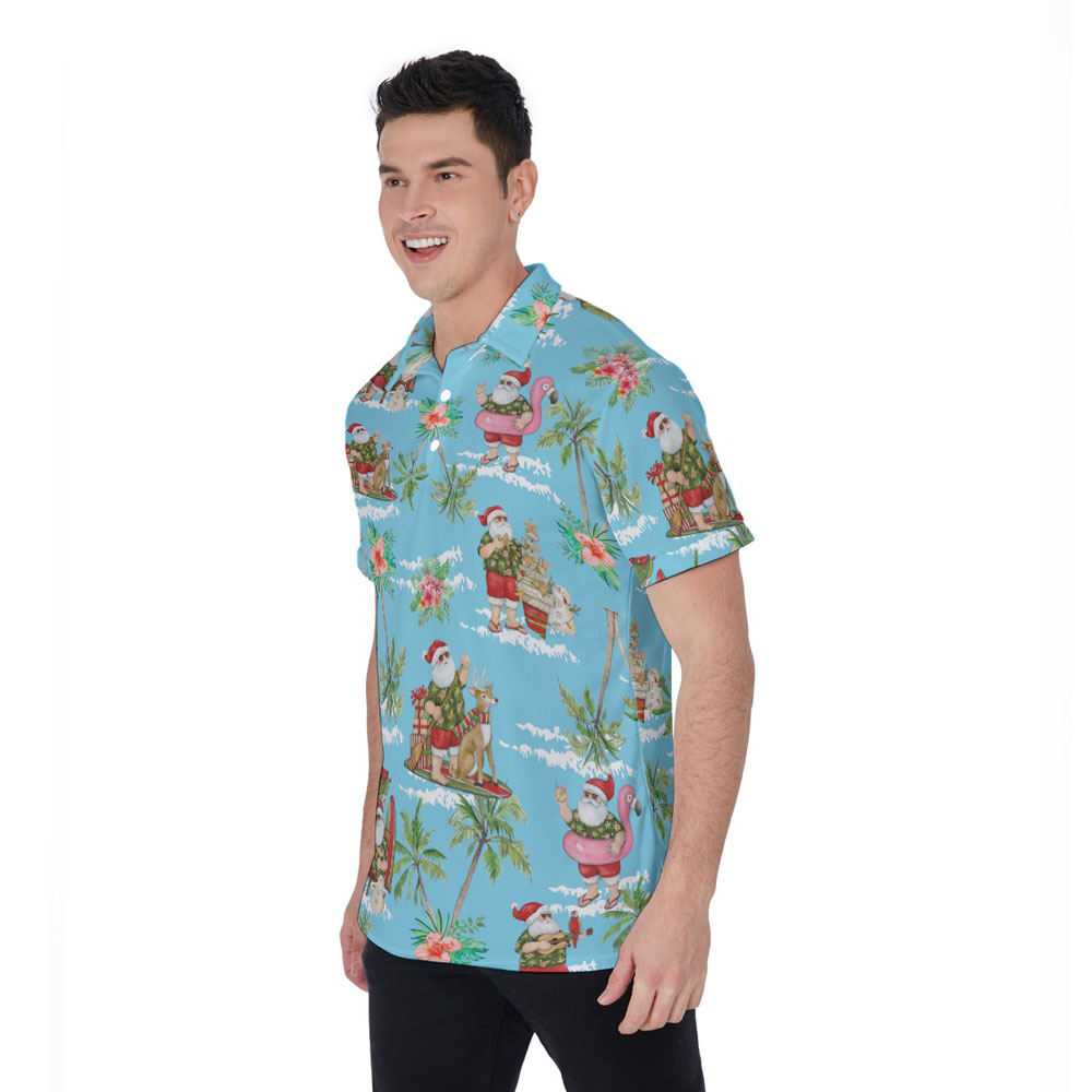 Blue Tropical Beach Christmas Santa Claus Hawaiian Polo Shirt