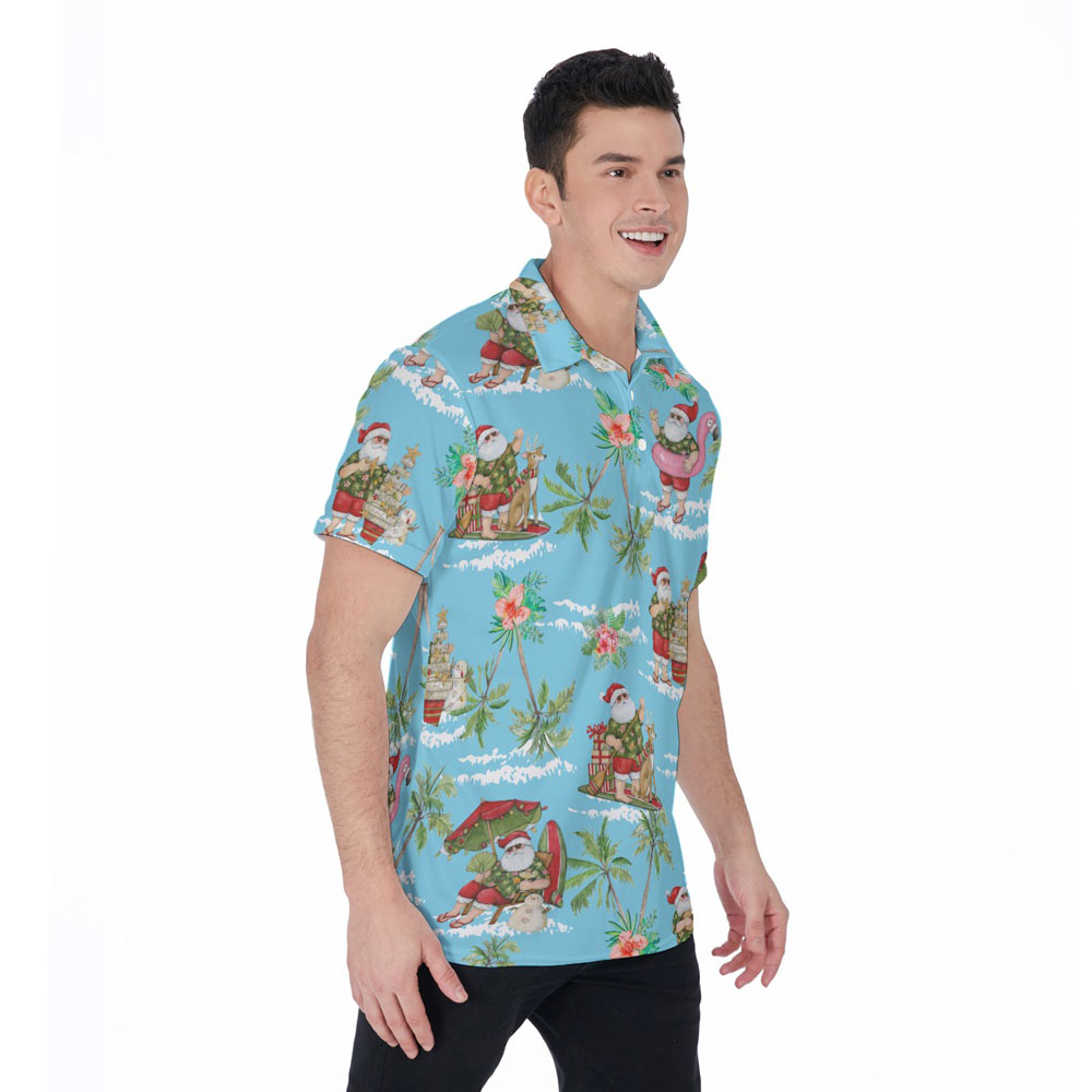 Blue Tropical Beach Christmas Santa Claus Hawaiian Polo Shirt
