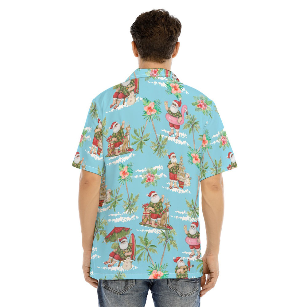 Summer Santa Claus Tropical Palm Tree Blue Hawaiian Shirt