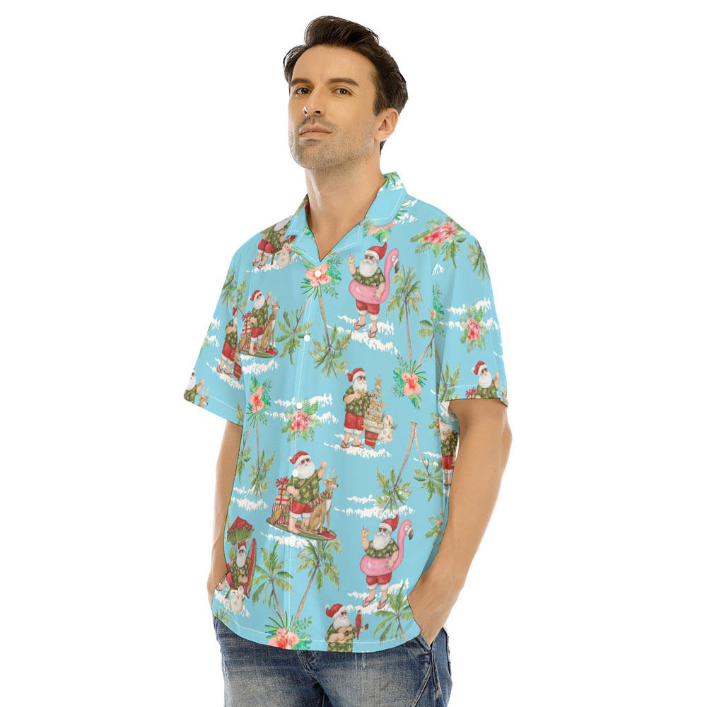 Summer Santa Claus Tropical Palm Tree Blue Hawaiian Shirt