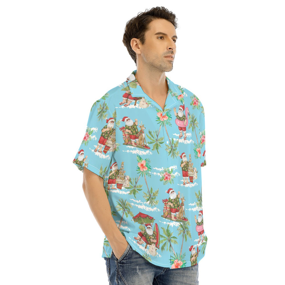Summer Santa Claus Tropical Palm Tree Blue Hawaiian Shirt
