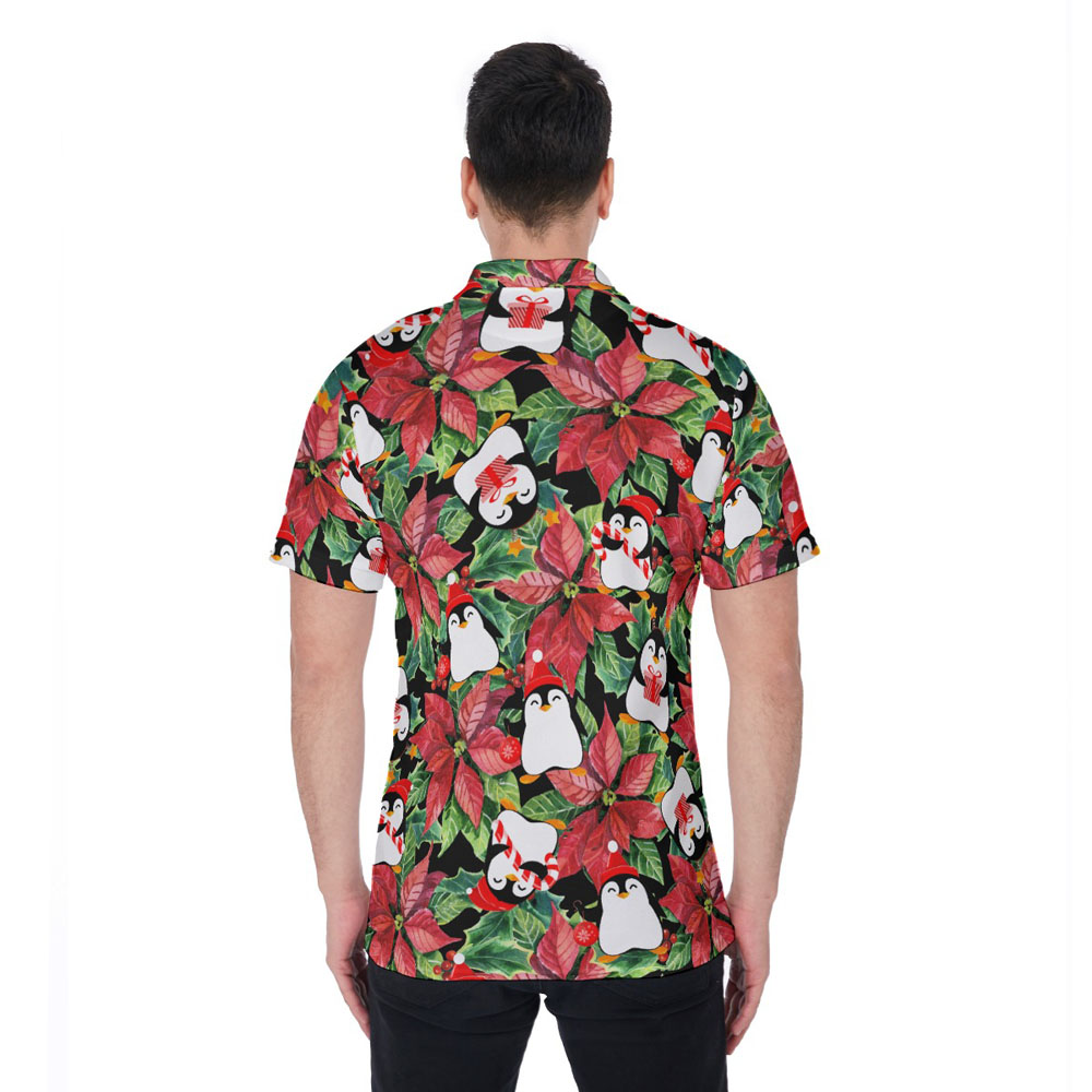 Christmas Penguin Floral Hawaiian Polo Golf Shirt For Men