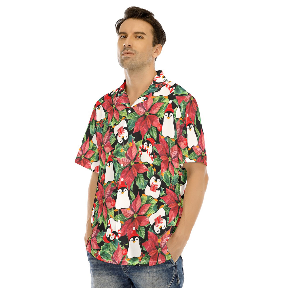 Poinsettia Christmas Penguin Hawaiian Shirt