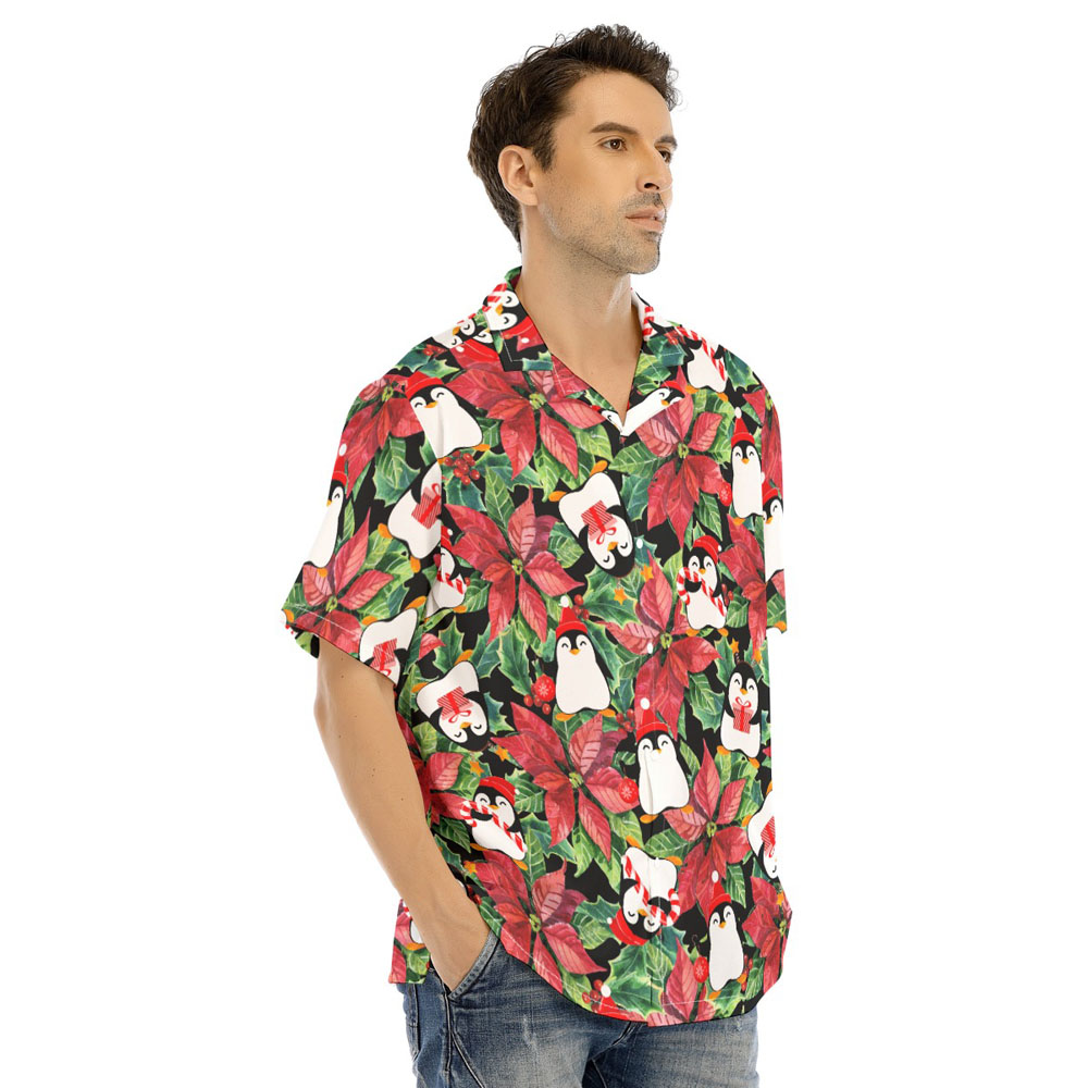 Poinsettia Christmas Penguin Hawaiian Shirt