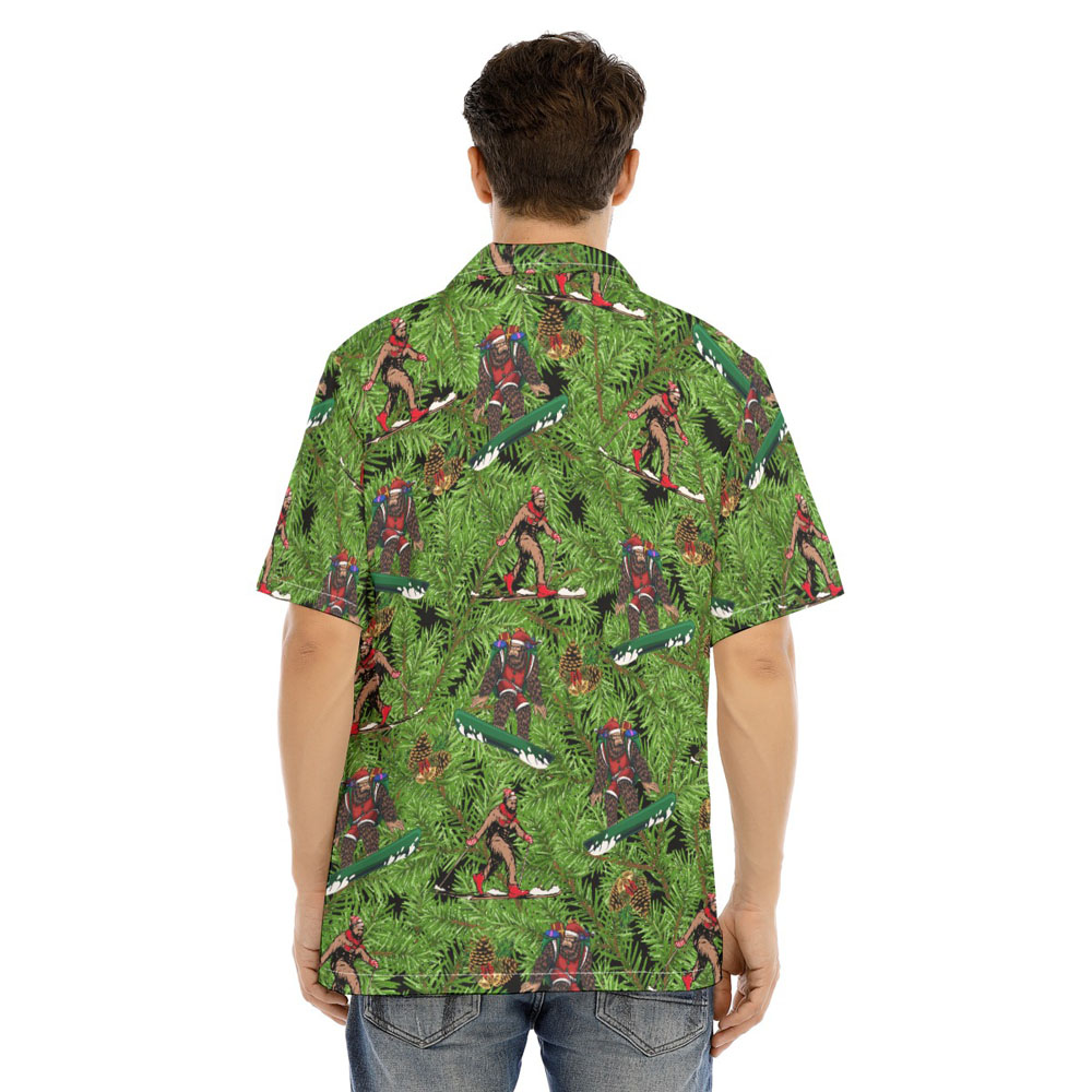 Tropical Bigfoot Skiing Christmas Green Hawaiian Shirt