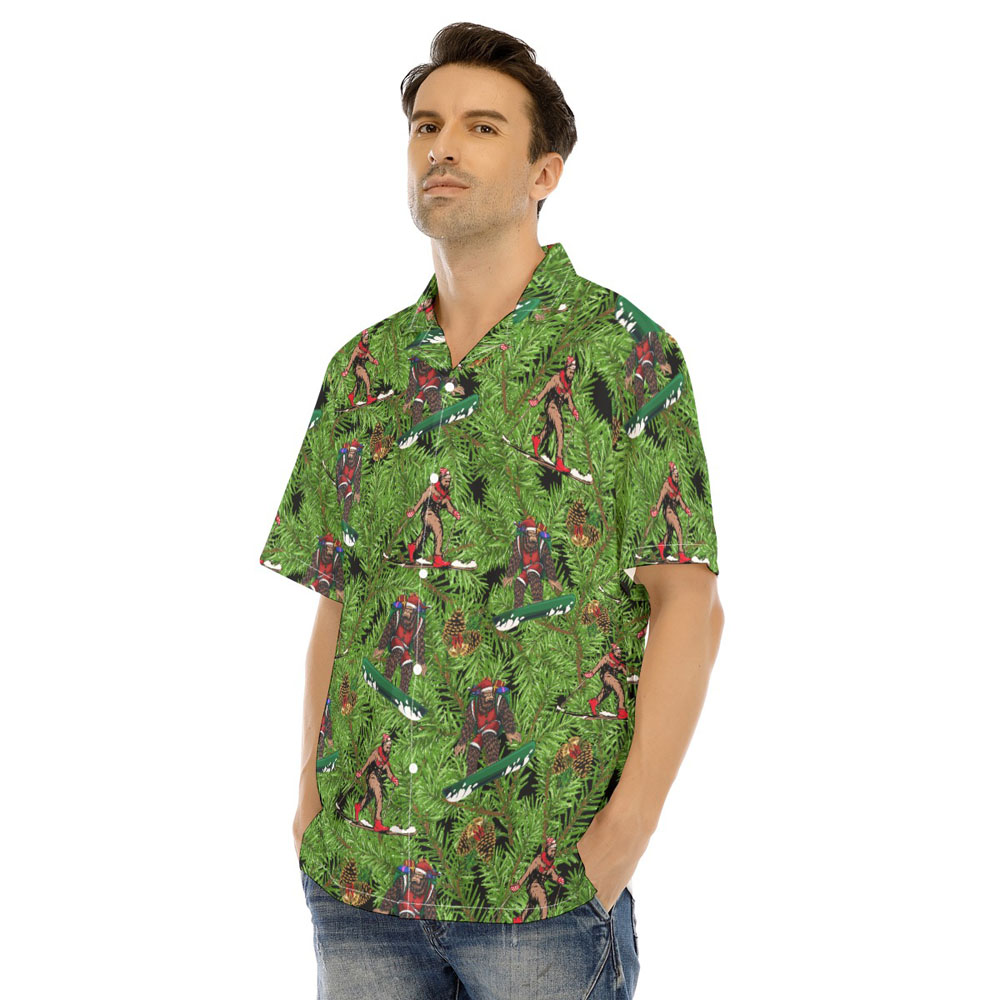 Tropical Bigfoot Skiing Christmas Green Hawaiian Shirt
