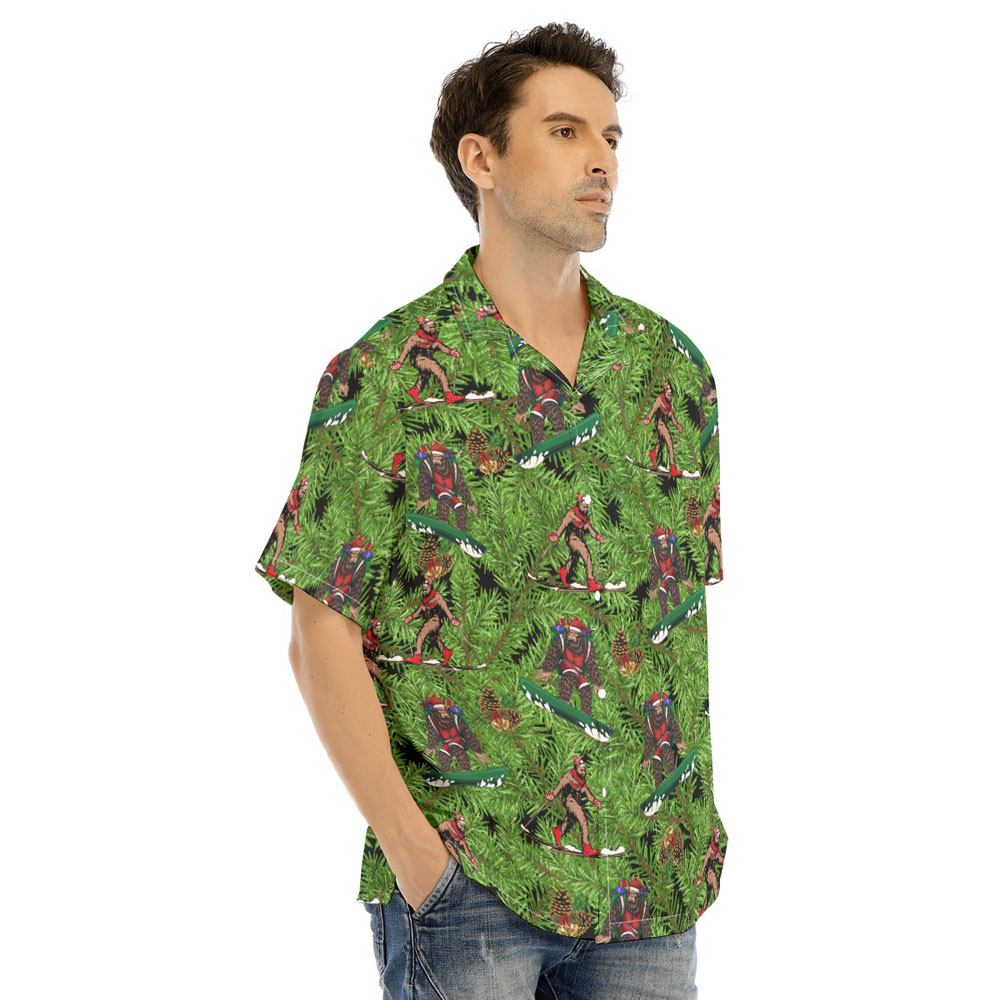Tropical Bigfoot Skiing Christmas Green Hawaiian Shirt