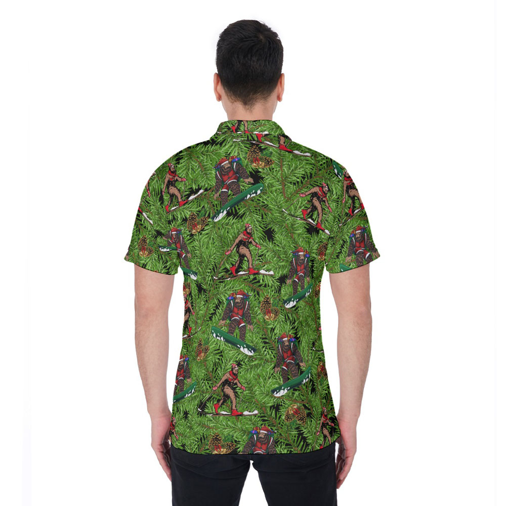 Funny Bigfoot Skiing Christmas Tropical Hawaiian Polo Shirt For Men