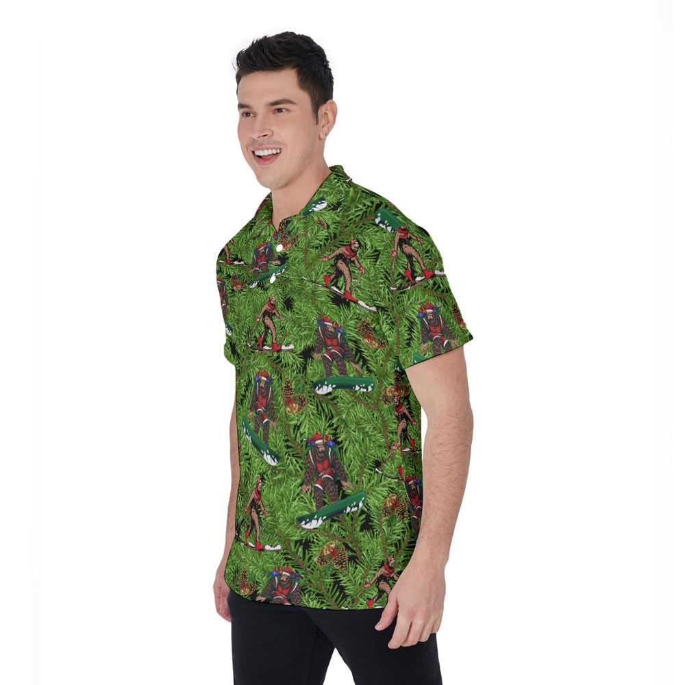 Funny Bigfoot Skiing Christmas Tropical Hawaiian Polo Shirt For Men