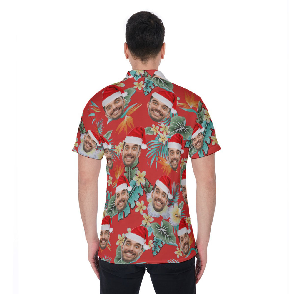 Funny Custom Face Christmas Hat Tropical Red Hawaiian Polo Shirt