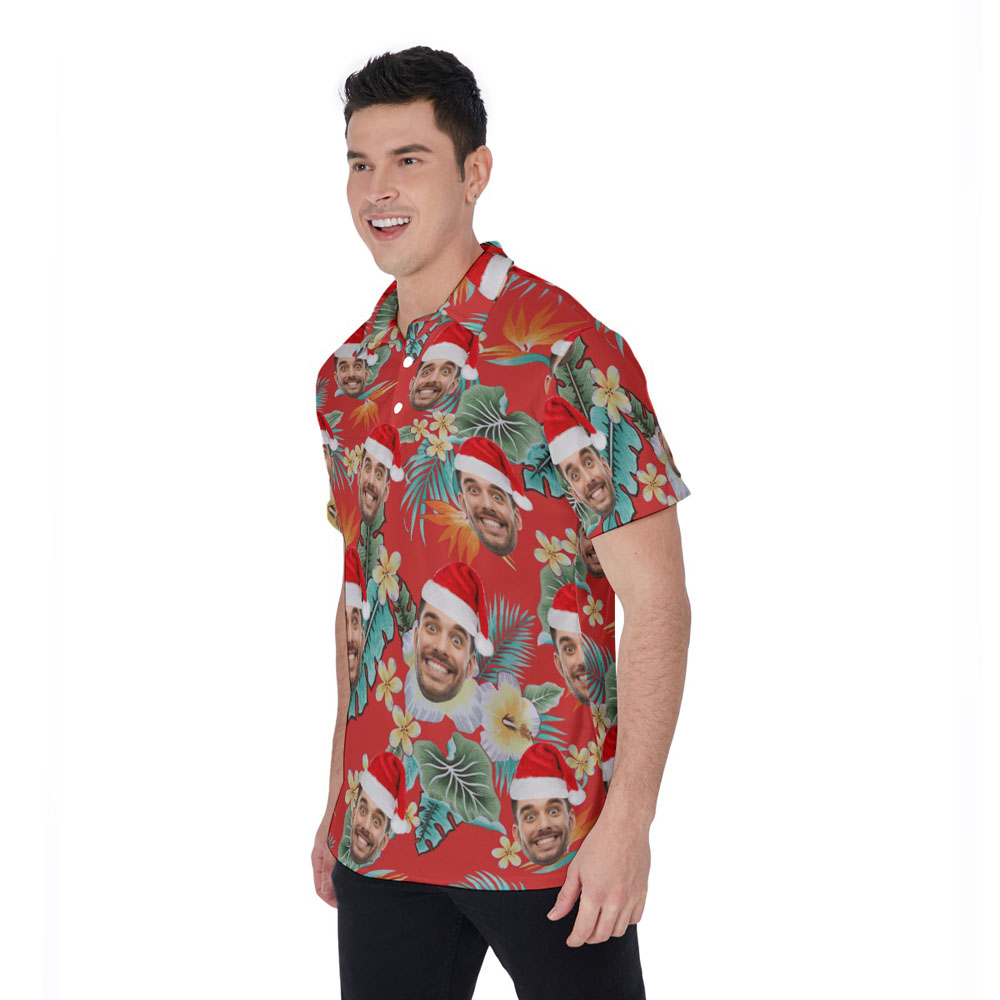 Funny Custom Face Christmas Hat Tropical Red Hawaiian Polo Shirt