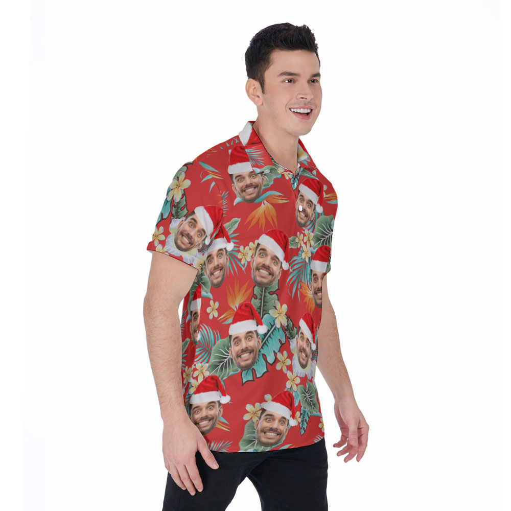 Funny Custom Face Christmas Hat Tropical Red Hawaiian Polo Shirt