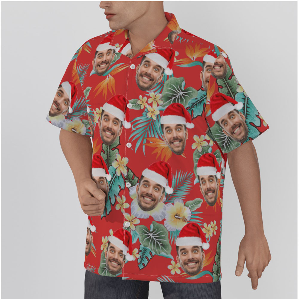 Funny Custom Face Christmas Floral Red Hawaiian Shirt