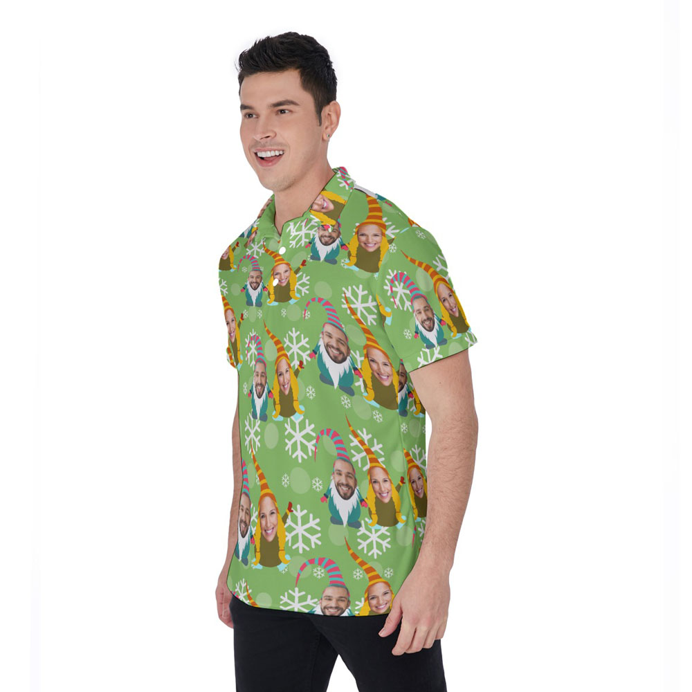 Custom Couple Face Christmas Gnomes Hawaiian Polo Shirt
